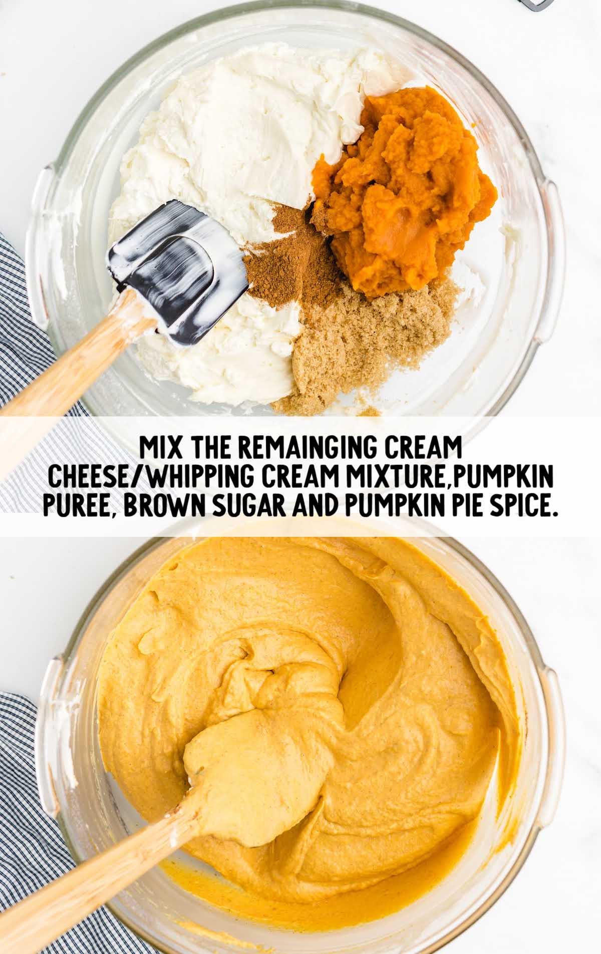 cream cheese/whipped cream mixture, pumpkin puree, sugar, and pumpkin pie spice being folded together in a bowl