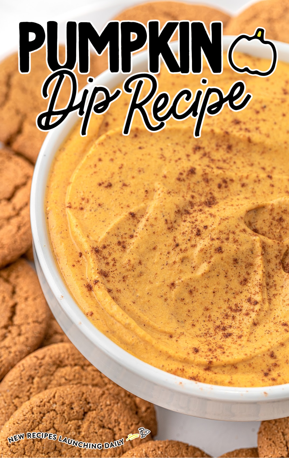 close up shot of a bowl of Pumpkin Dip topped with cinnamon around a bunch of cookies