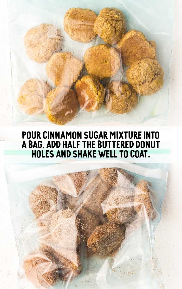 donut holes being coated in a bag of cinnamon sugar mixture