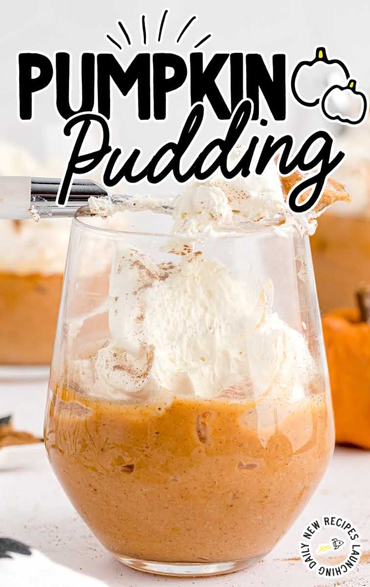 close up shot of a cup of Pumpkin Pudding topped with whipped cream and cinnamon
