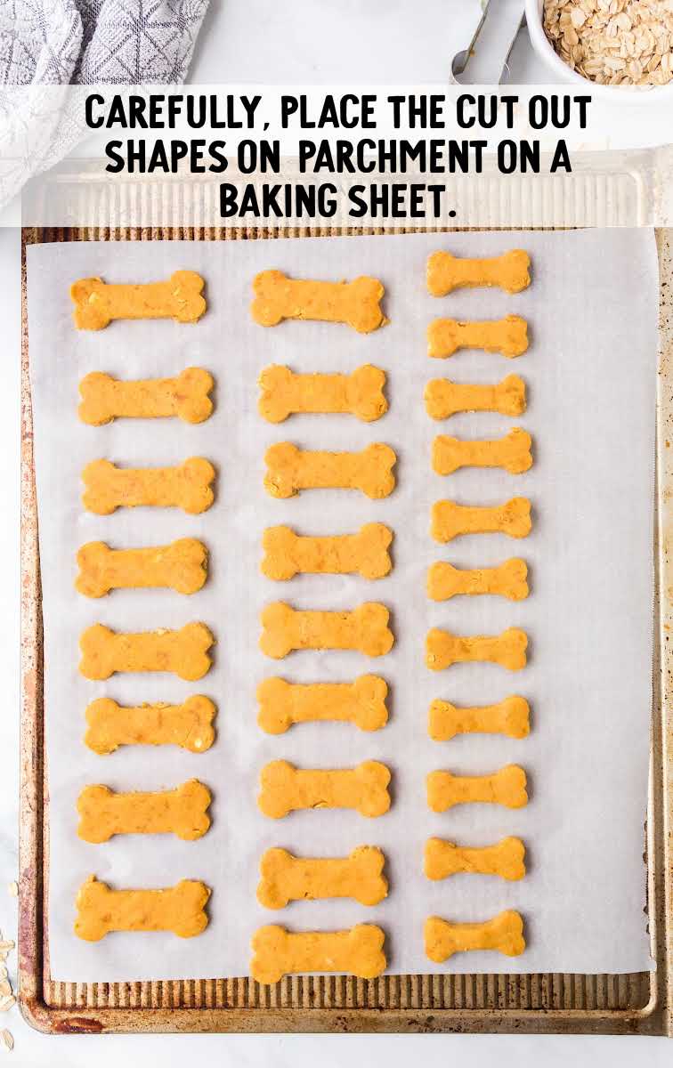 Pumpkin Dog Treats process shot of dog treats on a baking sheet