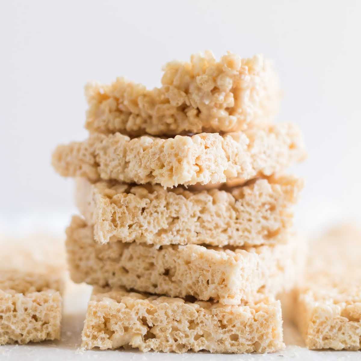 close up shot of Rice Krispie Treats stacked on top of each other