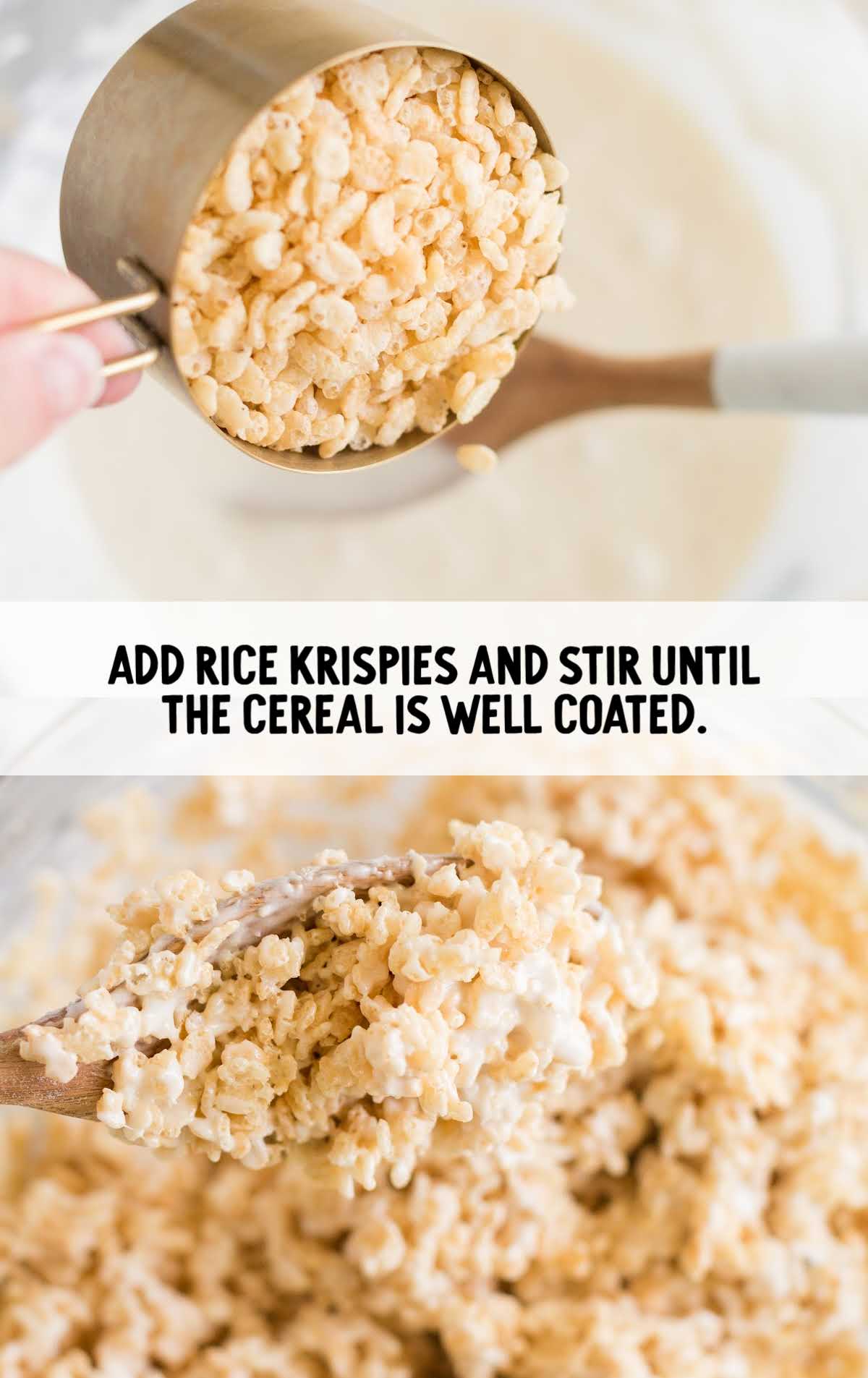 Rice Krispies added to the vanilla mixture and stirred together
