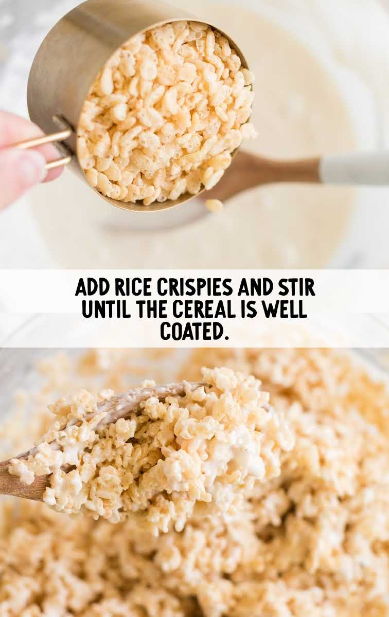 Rice Krispie Treats process shot of rice crispies cereal being added to mixture