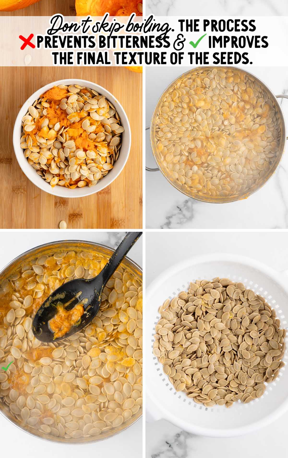 Fresh pumpkin seeds being boiled in water to remove pulp and reduce bitterness