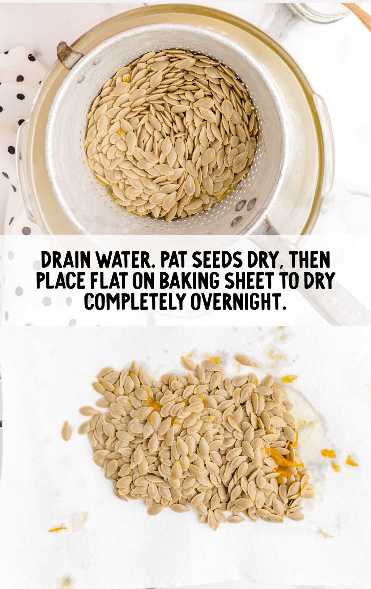 pumpkin seeds in a drainer and on a baking sheet