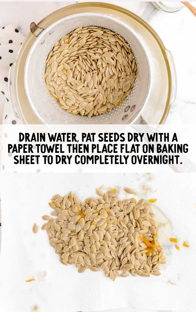 Roasted Pumpkin Seeds process shot of pumpkin seeds in a drainer and on a baking sheet