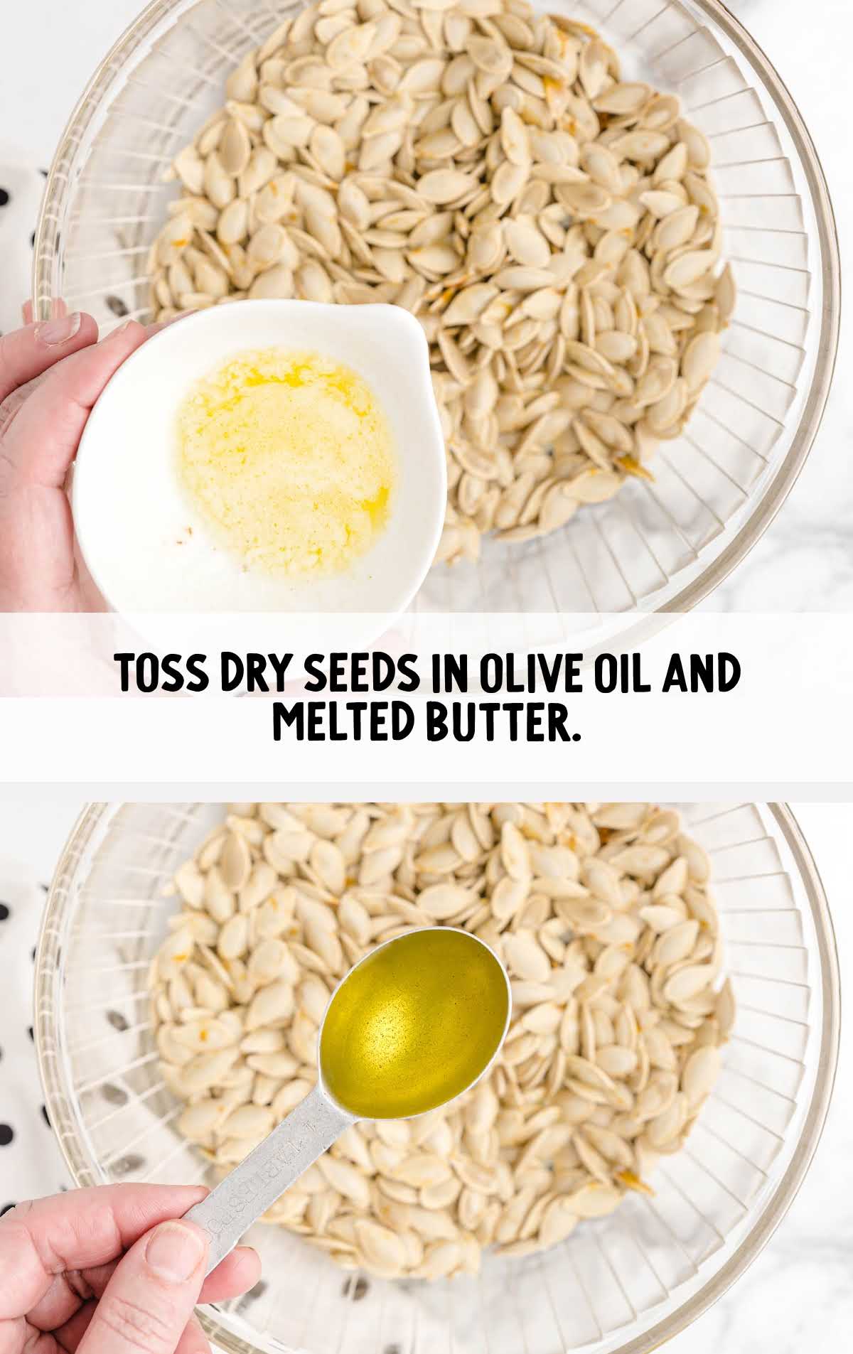 seeds in a bowl with olive oil and melted butter being added