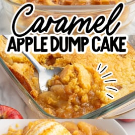 A Caramel Apple Dump Cake made with melted caramel pieces and apples is served in a glass dish. A scoop of vanilla ice cream tops a plate of the warm dessert, showing a delightful mix of golden cake, caramel, and apple filling—perfect for anyone looking to try a classic Caramel Apple Dump Cake Recipe.