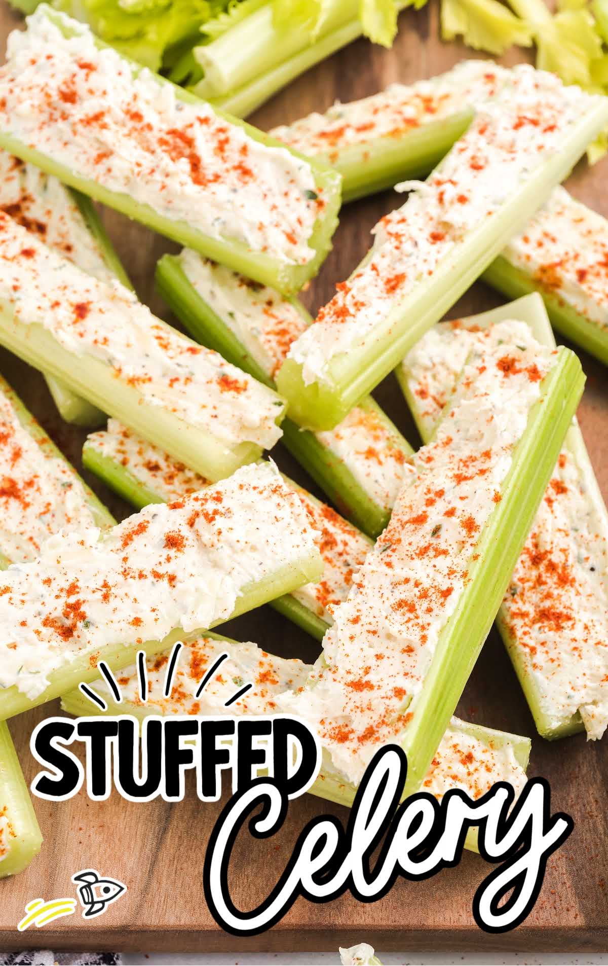 Celery stuffed with a cream cheese filling and topped with smoked paprika