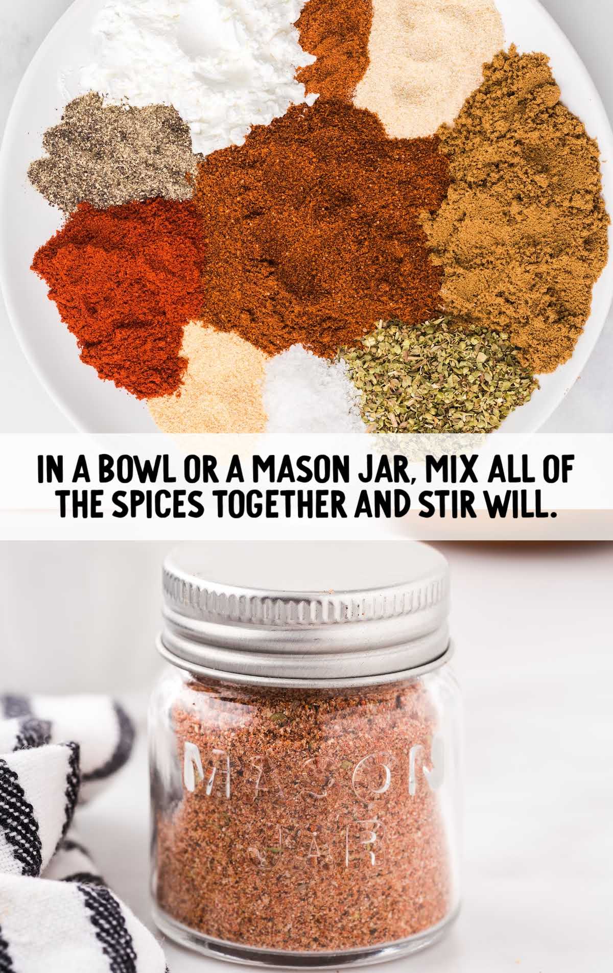 seasoning ingredients on a plate and ingredients mixed together in a mason jar