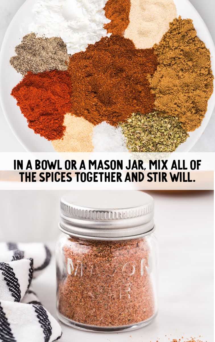 Taco Seasoning process shot of seasoning ingredients on a plate and ingredients mixed together in a mason jar