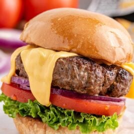 close up shot of a burger on a sheet