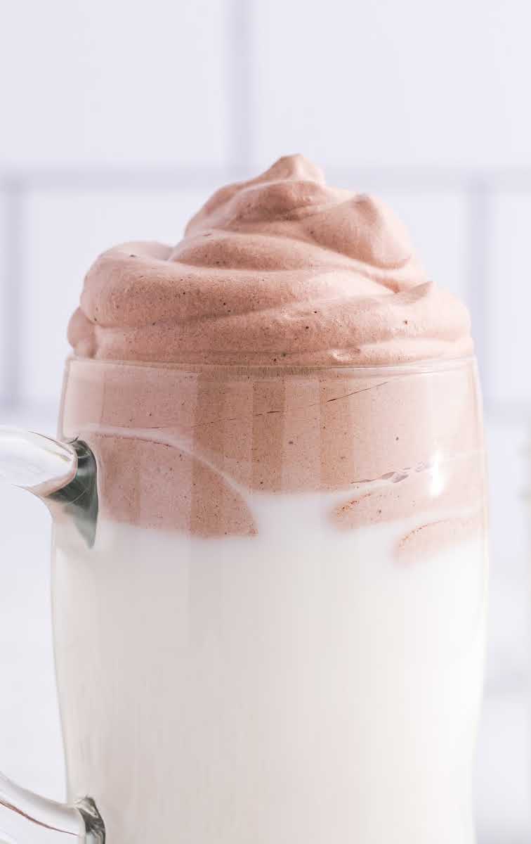 close up shot of a glass of Whipped Hot Chocolate Recipe