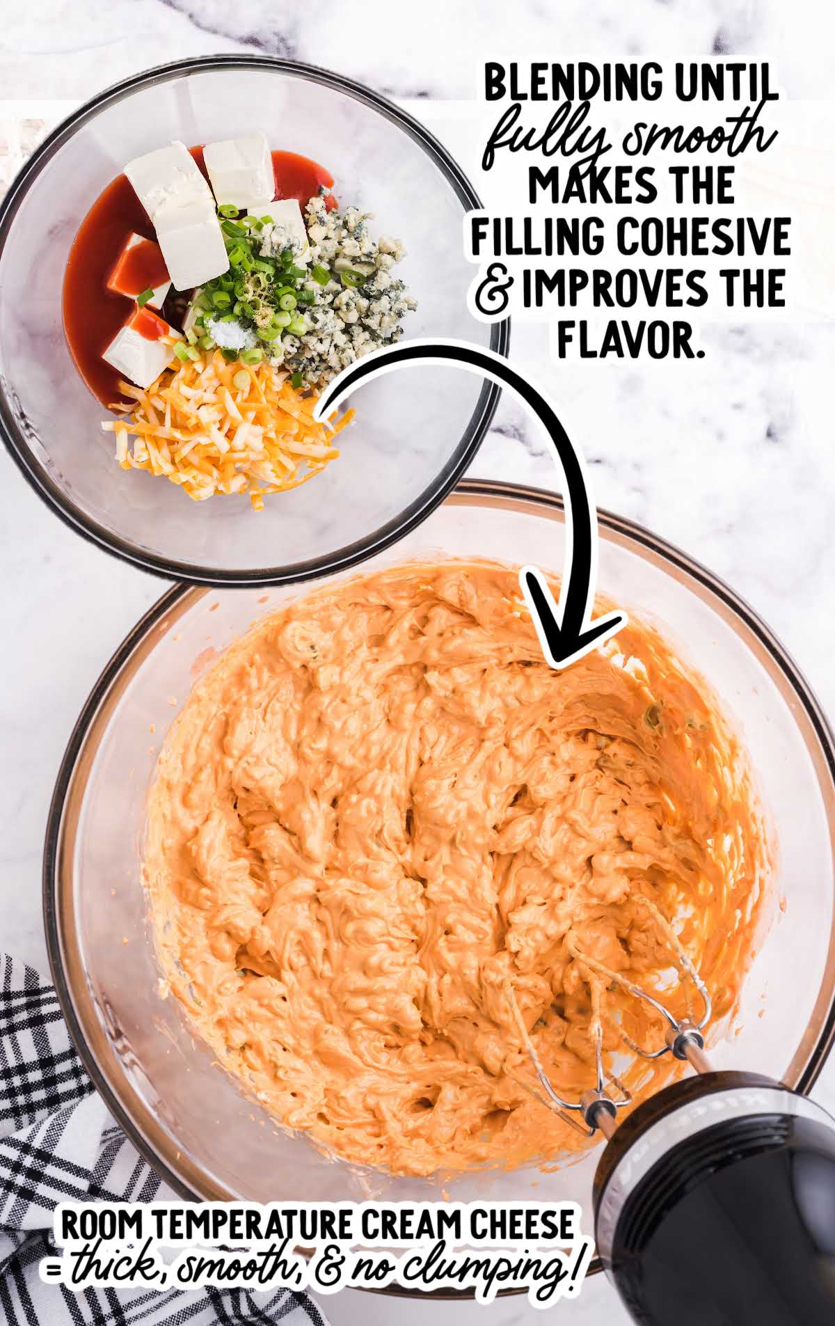 Buffalo chicken pinwheel filling ingredients in a mixing bowl and blended until smooth with a hand mixer.