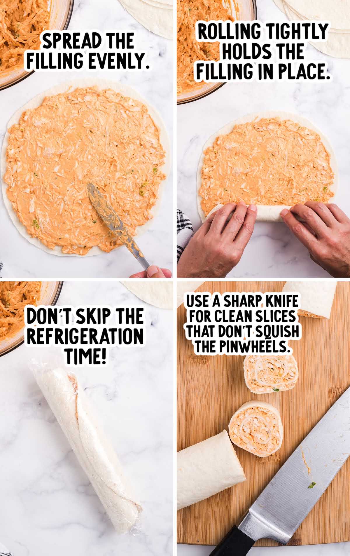 Step-by-step collage showing buffalo chicken filling spread on a tortilla, rolled tightly, chilled, and sliced with a sharp knife.
