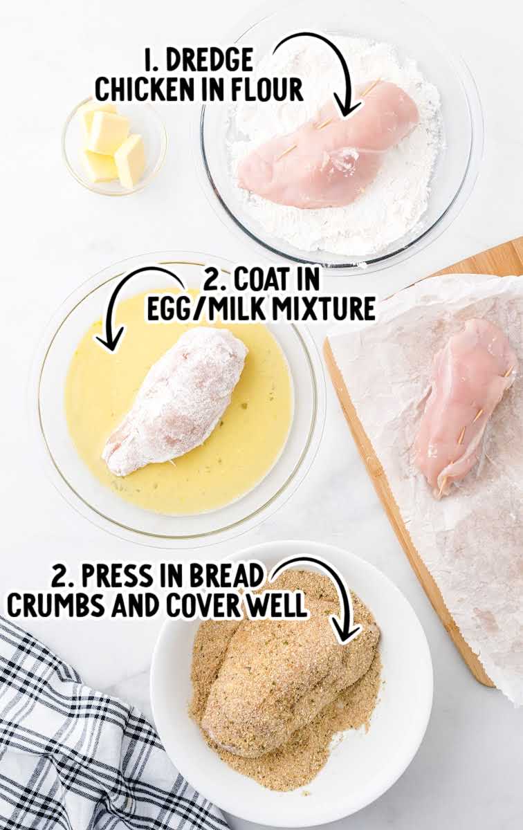 chicken cordon bleu process shot of chicken dipped in flour, egg mixture, then bread crumbs