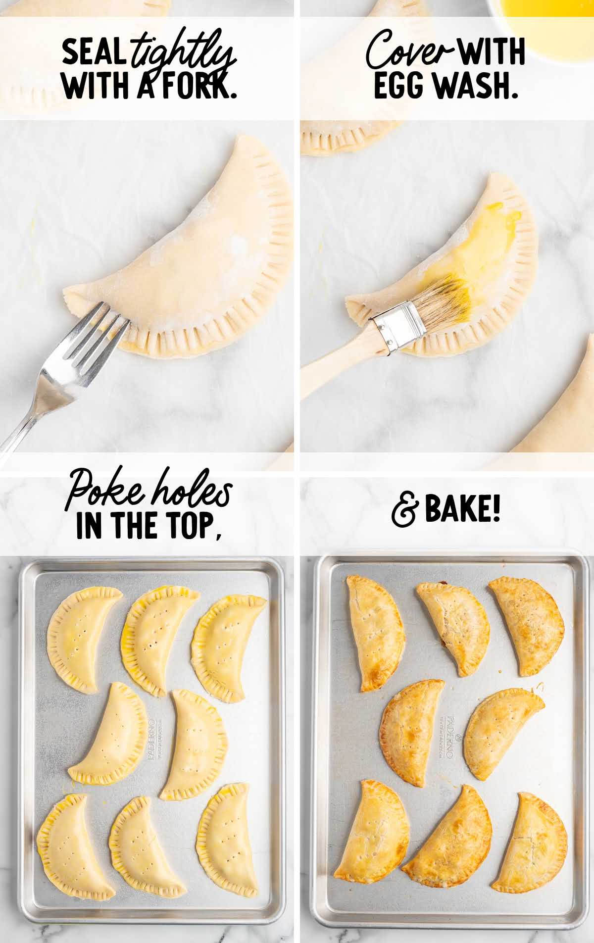 Sealing chicken hand pies with a fork, brushing with egg wash, poking vent holes, and baking until golden brown on a sheet pan