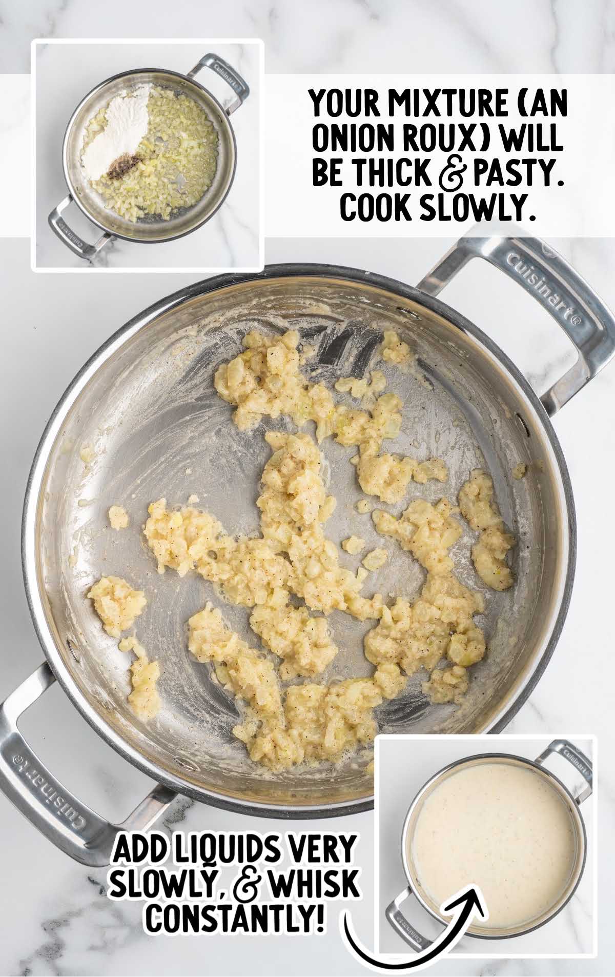 Making onion roux for chicken pot pie filling in a saucepan and whisking in liquids until smooth and thick