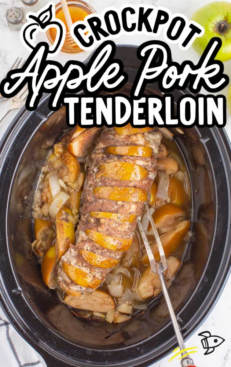 close up overhead shot of crockpot apple pork tenderloin in a crockpot