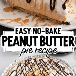Pinterest graphic featuring a peanut butter pie slice topped with chocolate drizzle and chopped peanut butter cups.