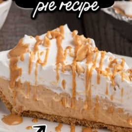 Vertical Pinterest image of no bake peanut butter pie with whipped topping, chocolate drizzle, and peanuts.