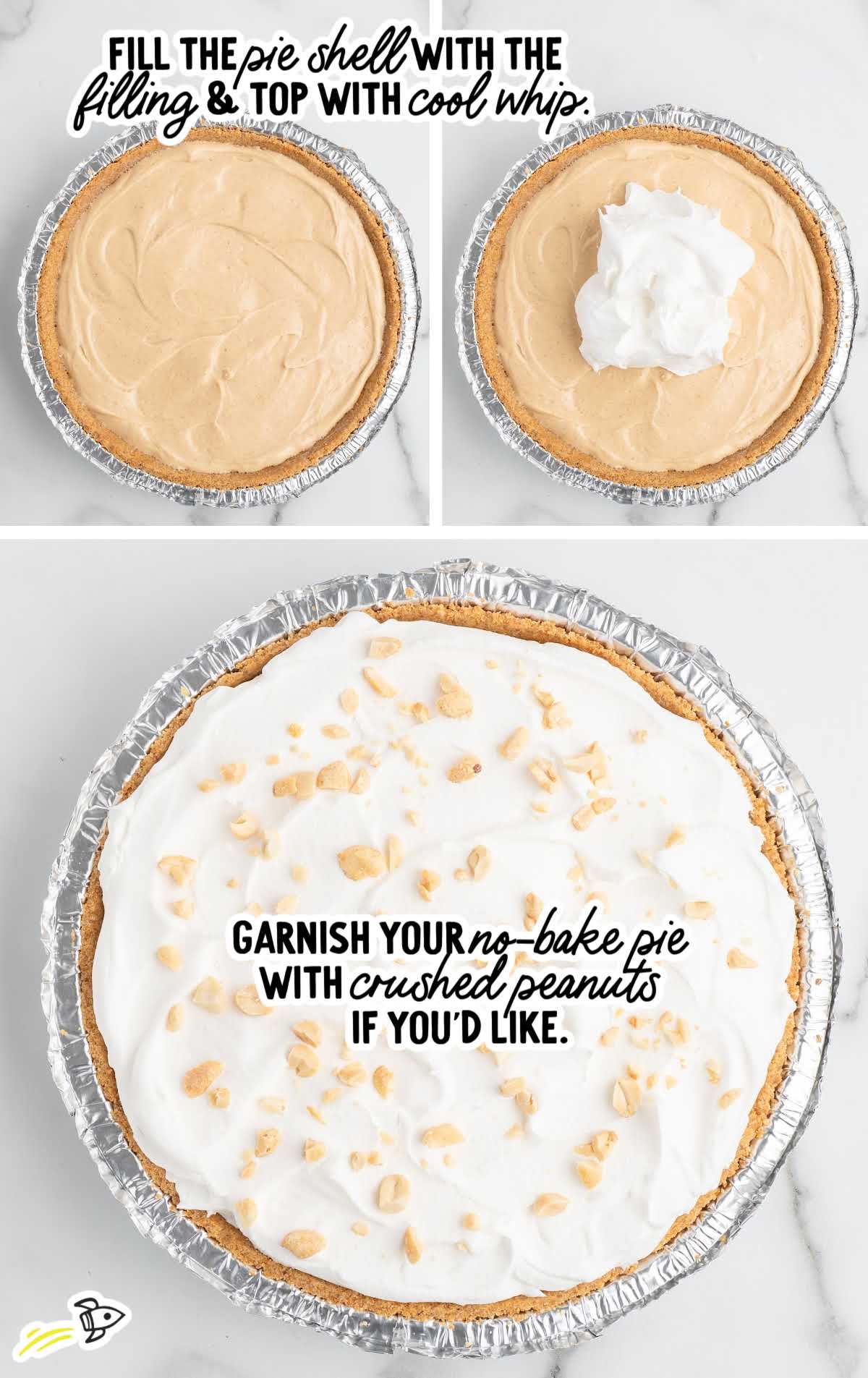 Step-by-step image showing pie shell filled with peanut butter mixture and topped with Cool Whip.
