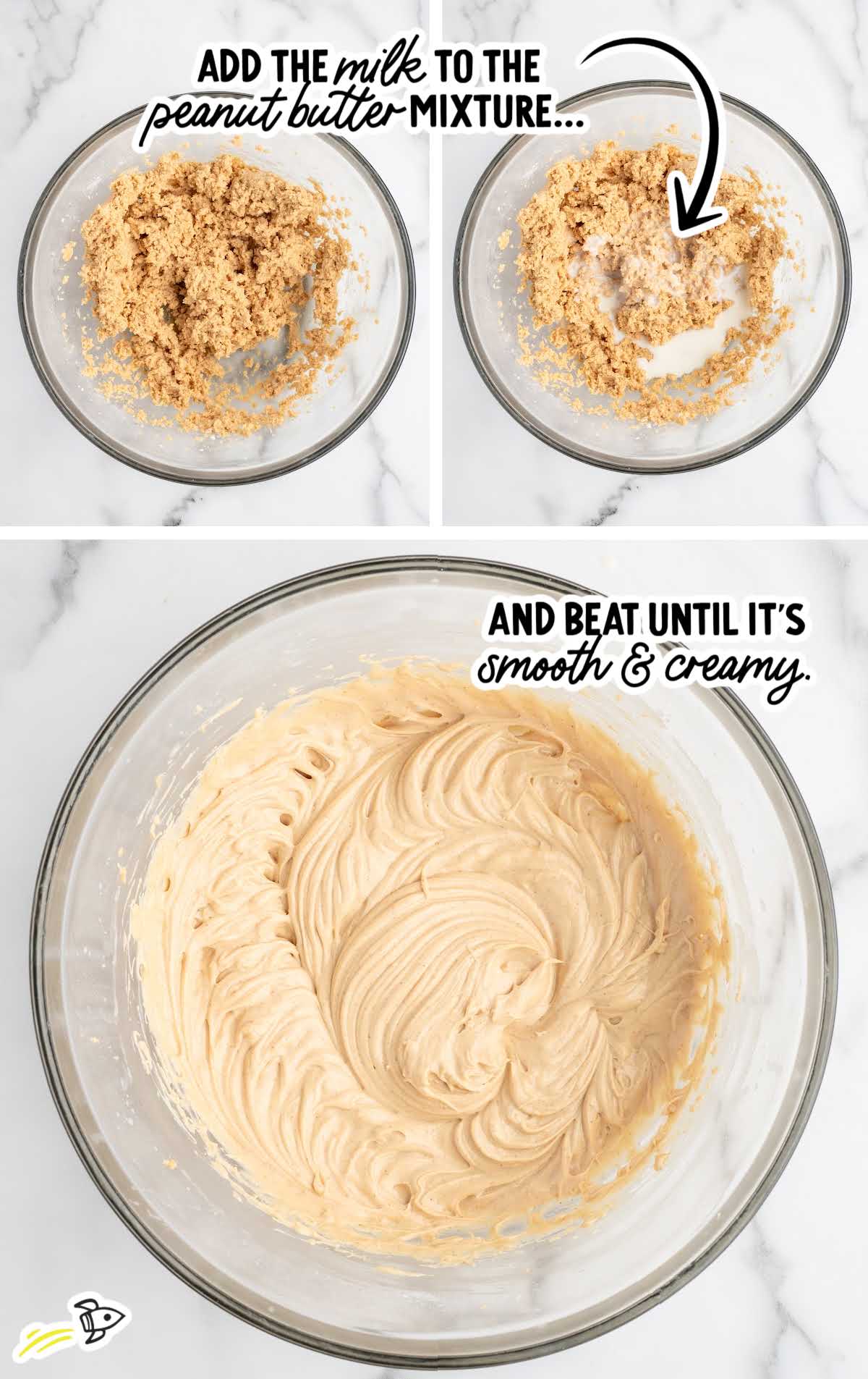Process photo demonstrating how to beat peanut butter filling until smooth and creamy.