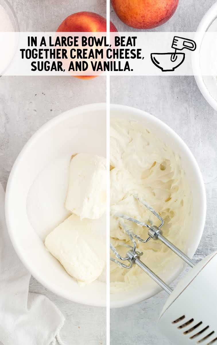 cream cheese, sugar, and vanilla being blended in a bowl