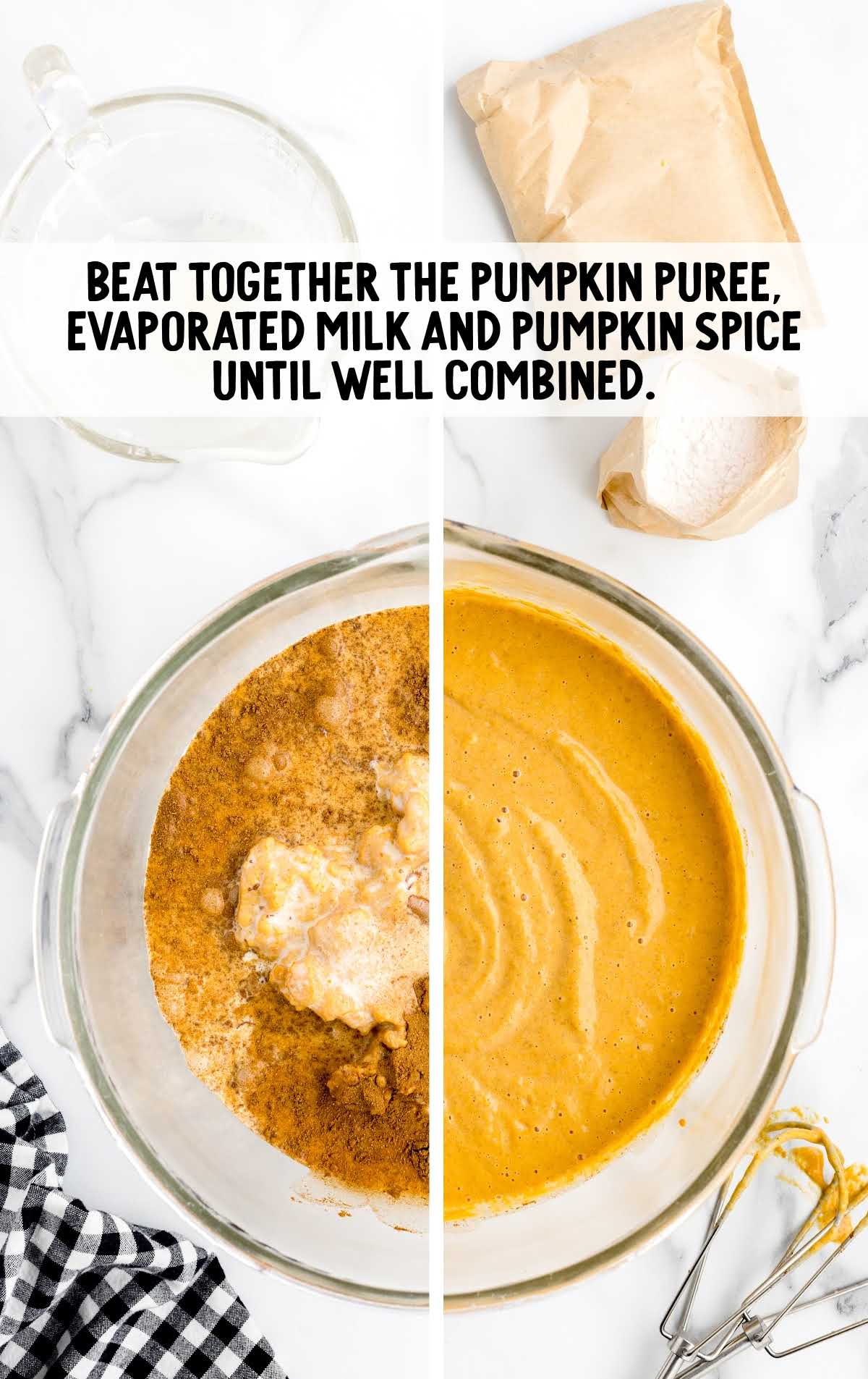 pumpkin puree, evaporated milk, and pumpkin spice combined in a bowl 