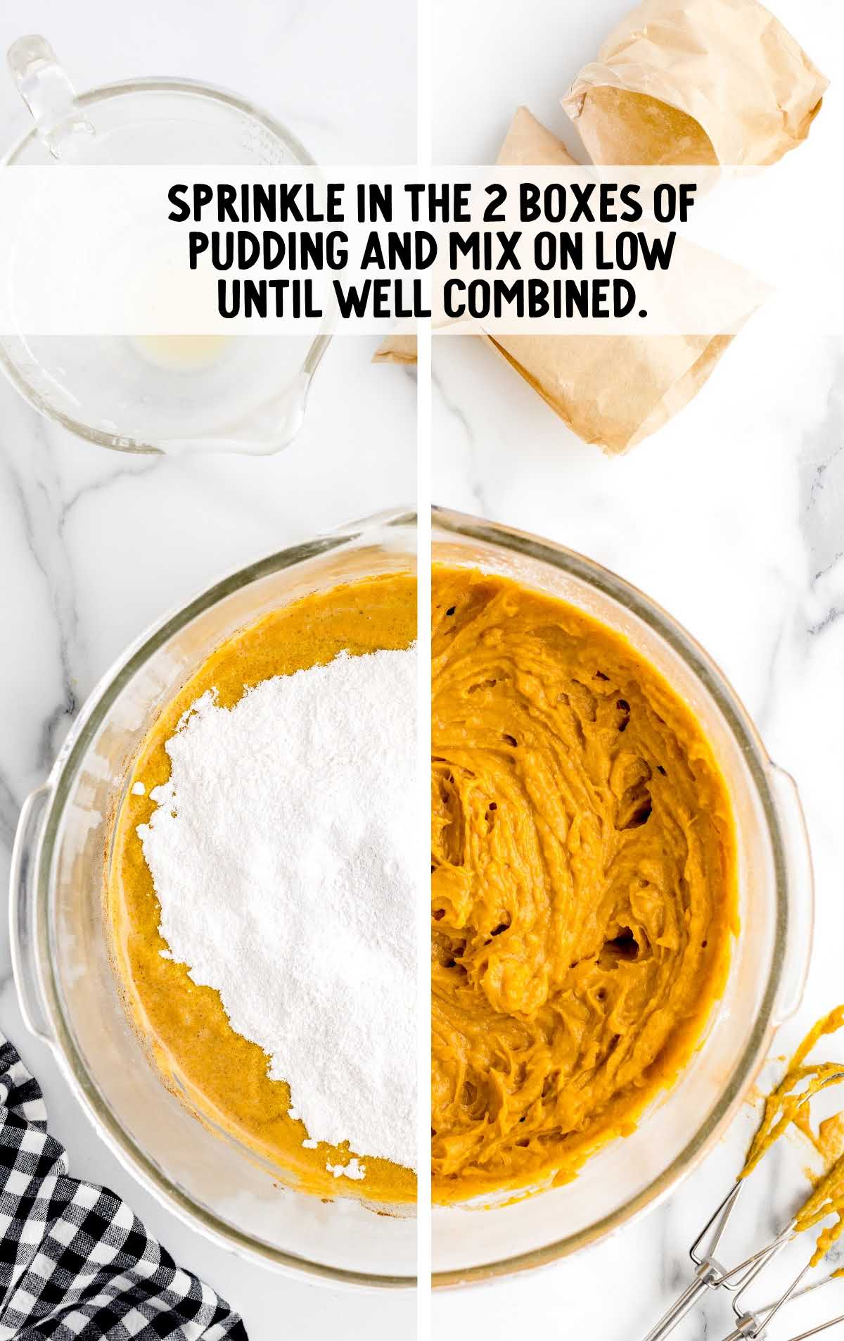 sprinkle in the 2 boxes of pudding and combined with pumpkin puree mixture in a bowl 