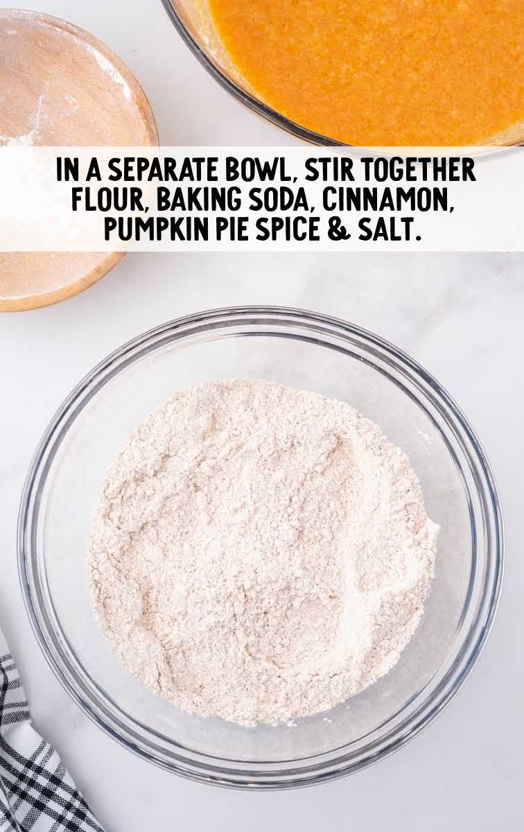 flour, baking soda, cinnamon, pumpkin pie spice, and salt combined in a bowl