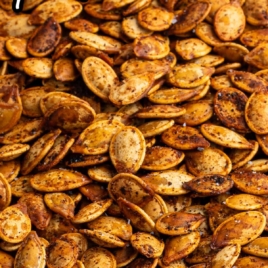 Step-by-step visual showing pumpkin seeds before roasting, halfway roasted, and fully roasted on a baking sheet