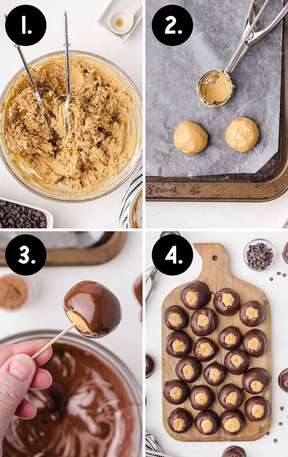 Step-by-step process collage showing how to make buckeyes, from mixing the dough, scooping balls, dipping in chocolate, to the finished candies on a board.