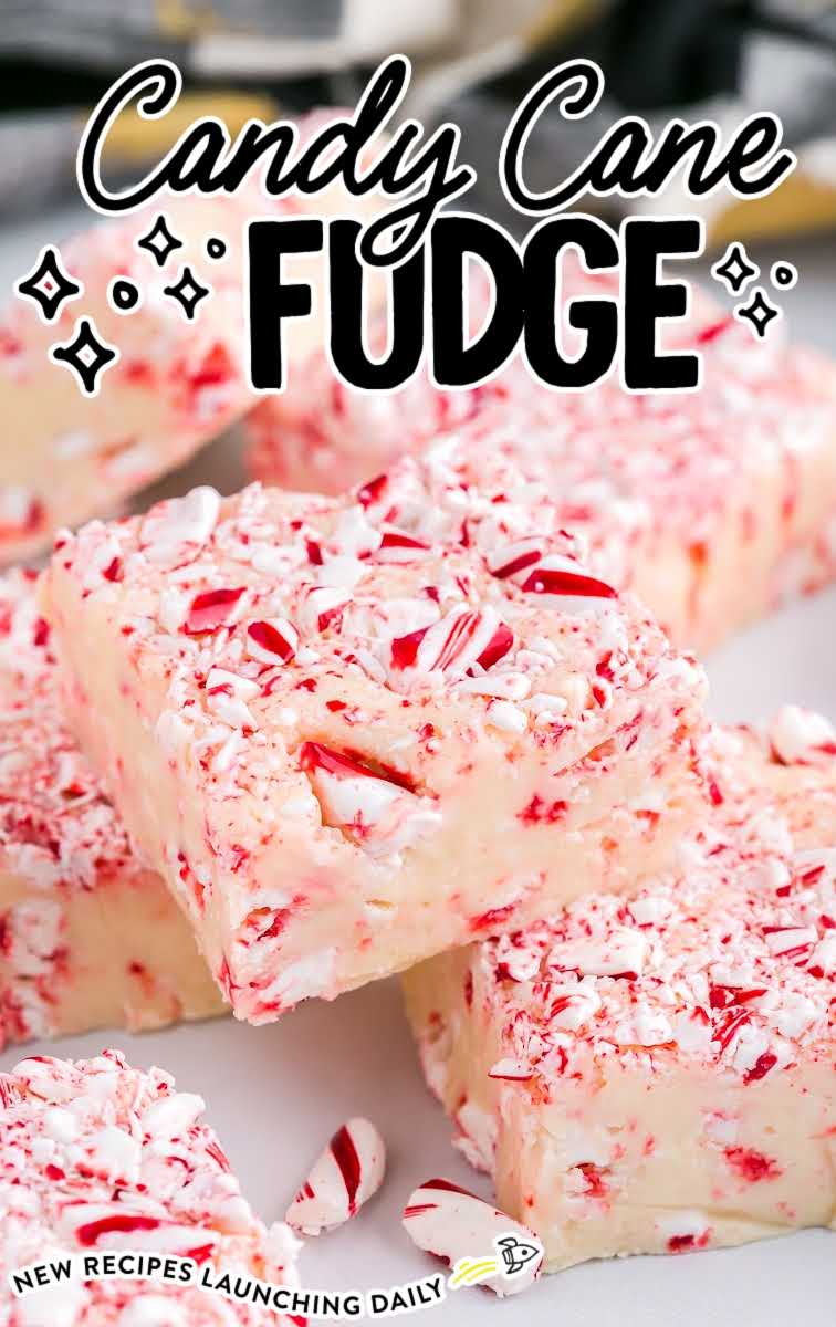 close up shot of Candy Cane Fudge stacked on top of each other