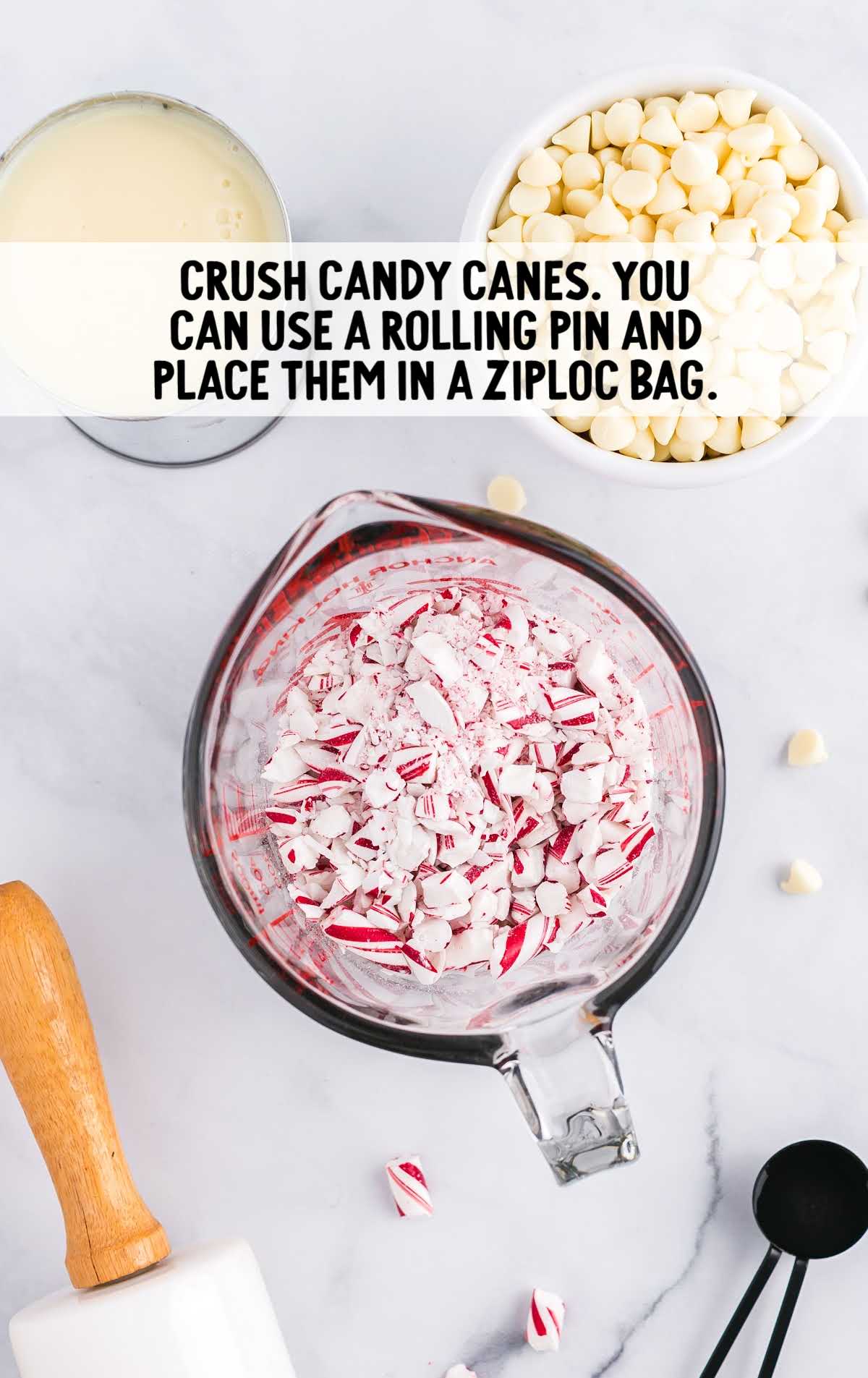 crushed candy canes in a measuring cup
