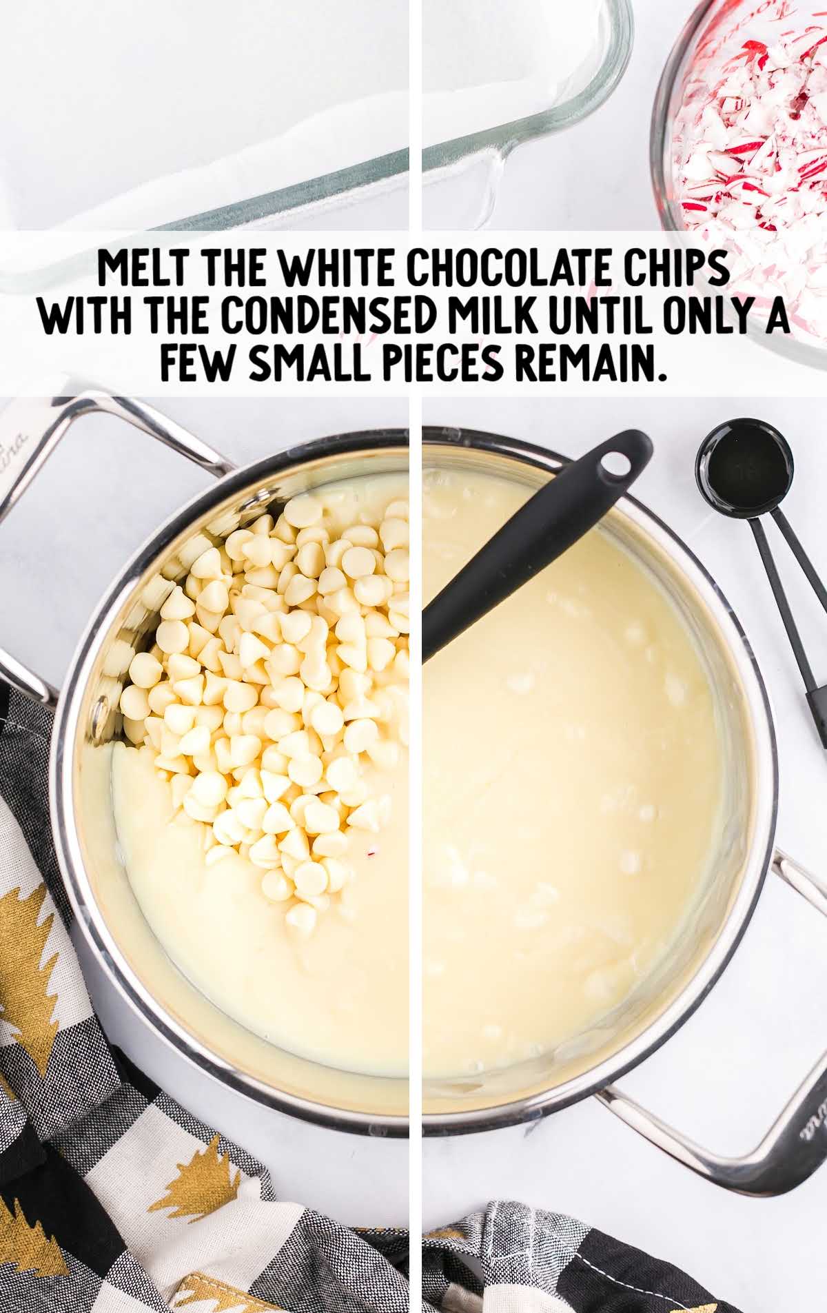 white chocolate chips and condensed milk melted in a pot