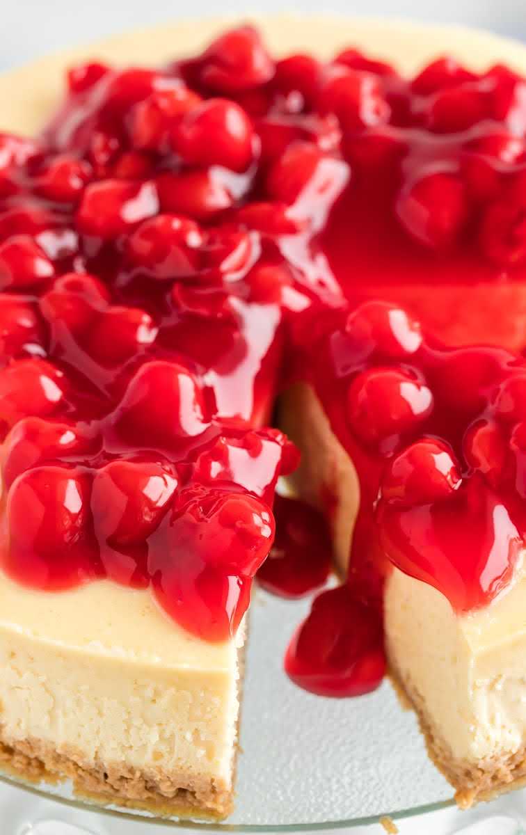 close up shot of Cheesecake topped with a cherry glaze