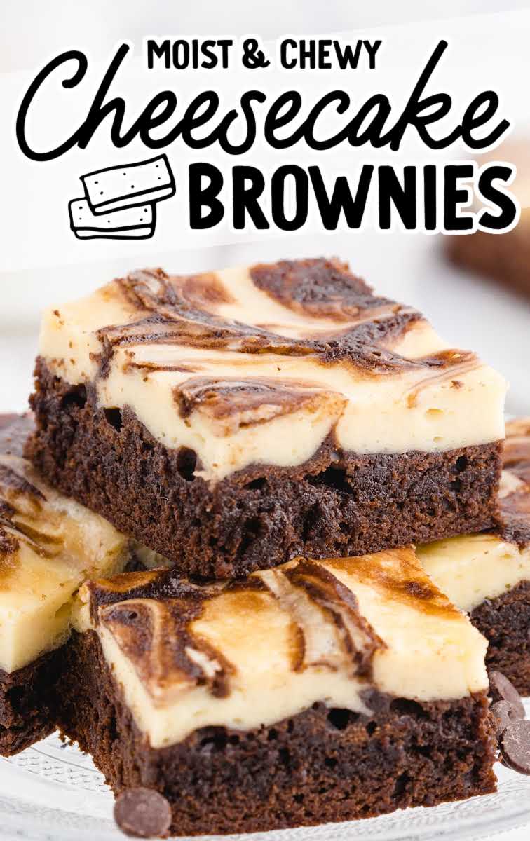 close up shot of Cheesecake Brownies stacked on top of each other on a serving plate