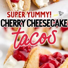 close up shot of Cherry Cheesecake Tacos on a serving tray and close up shot of Cherry Cheesecake Tacos on a plate