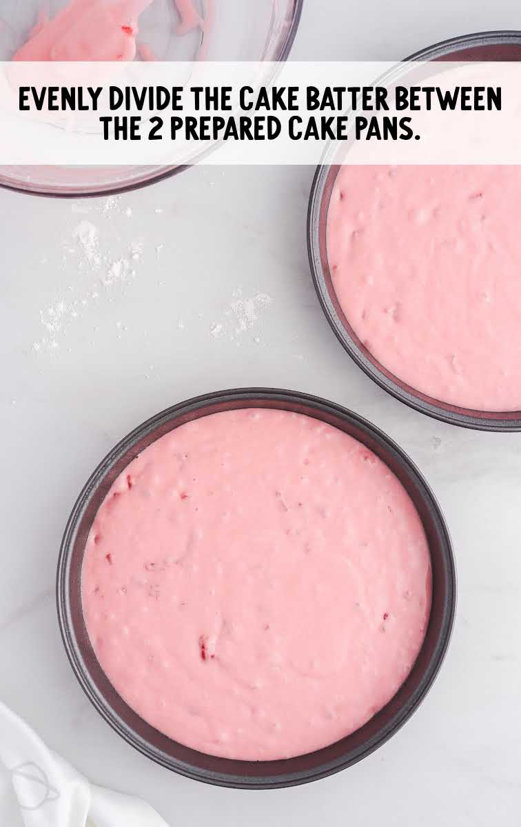 cake batter divided into two cake pans