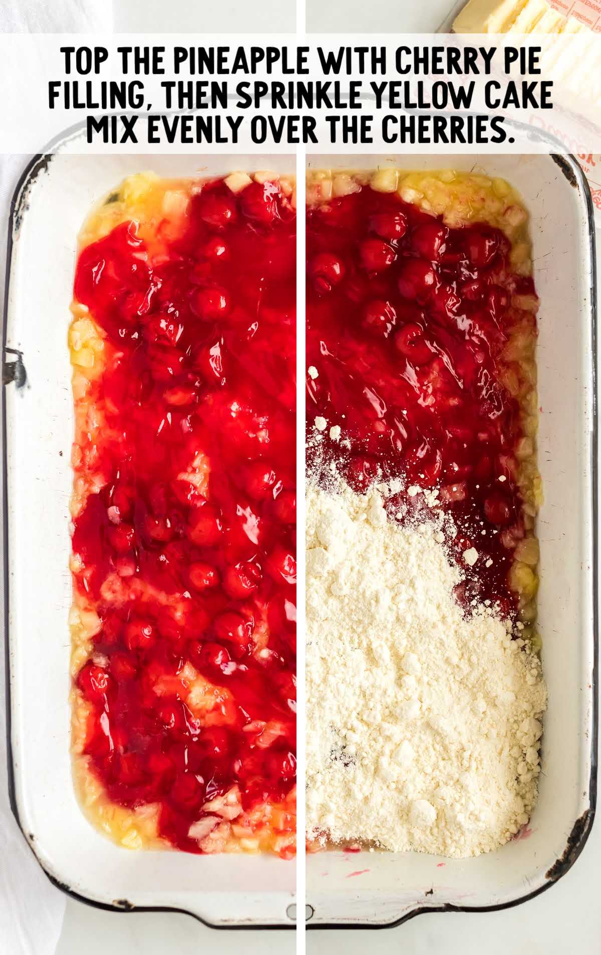 Cherry Pineapple Dump Cake process shot of ingredients in a baking dish