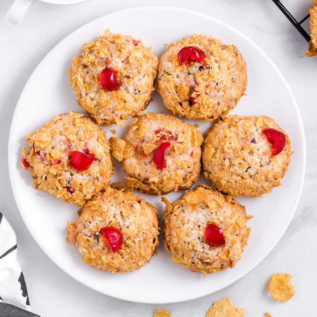 close up overhead shot of a plate of Cherry Wink Cookies