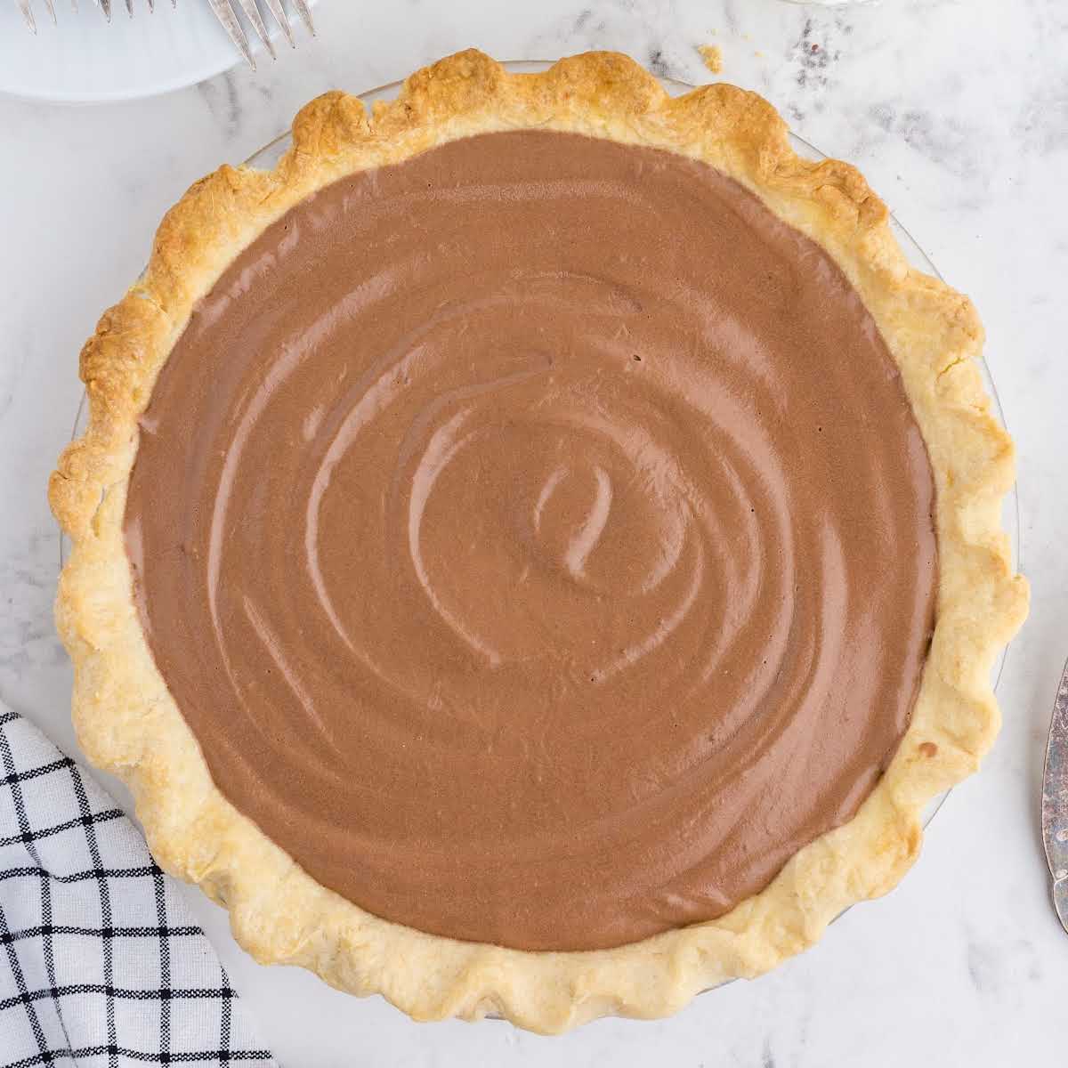close up overhead shot of a whole Chocolate Pie
