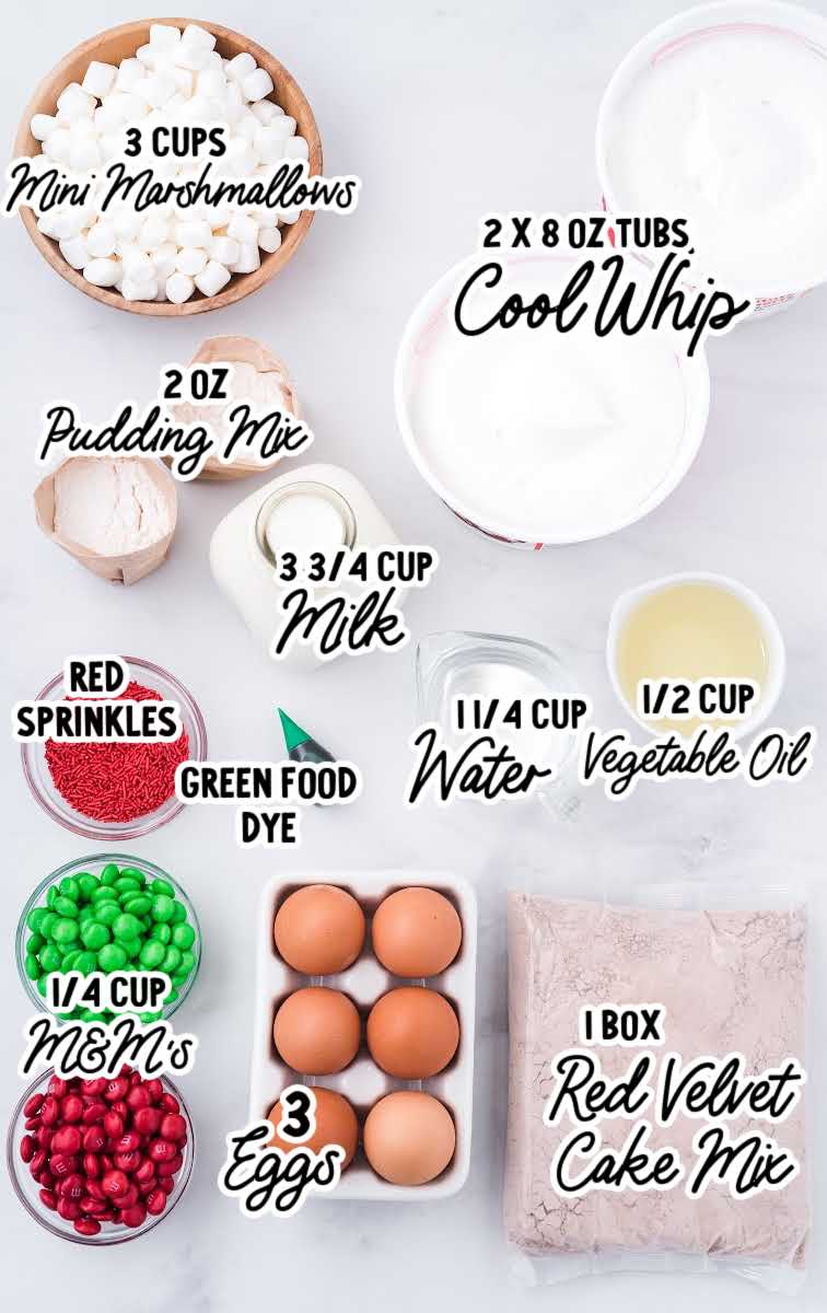 Christmas Red Velvet Poke Cake raw ingredients that are labeled