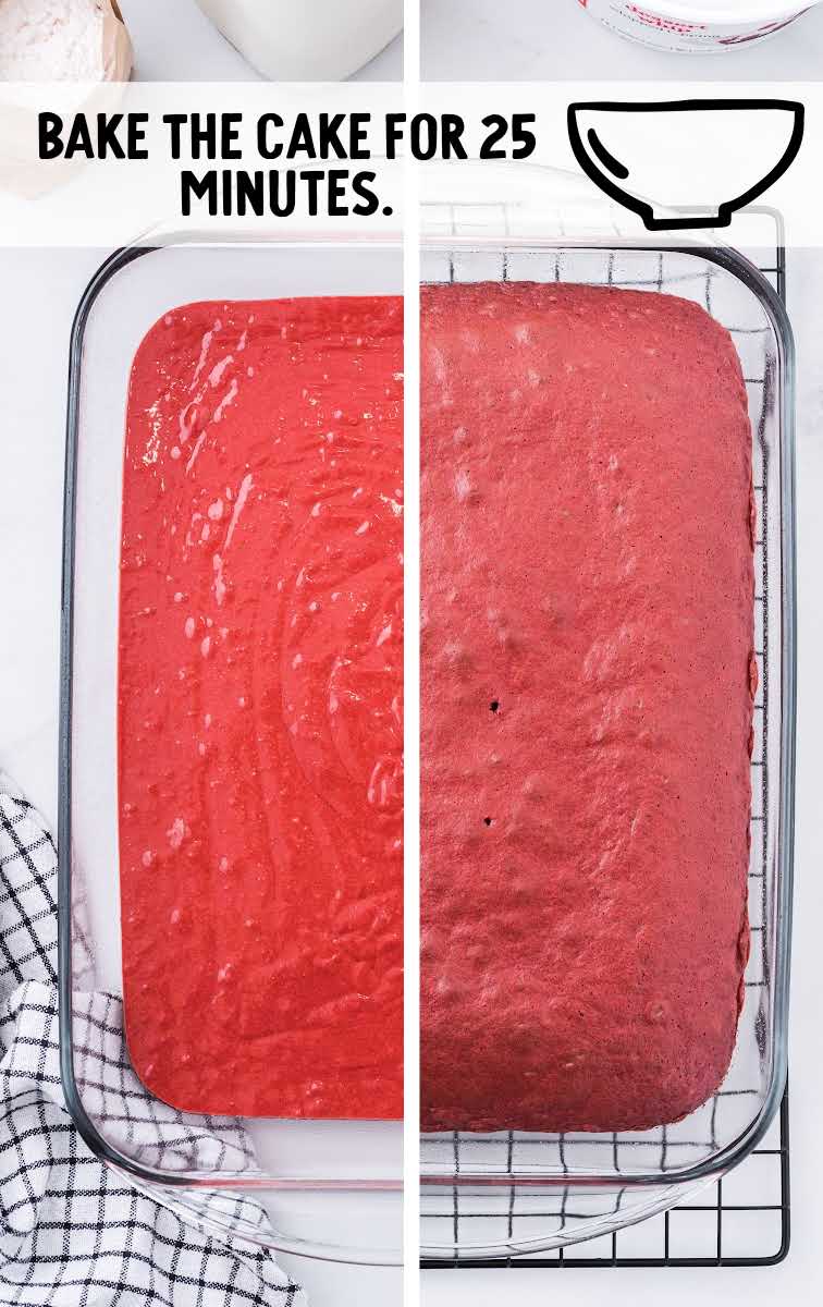 Christmas Red Velvet Poke Cake process shot of cake mix batter in a baking dish before and after being baked