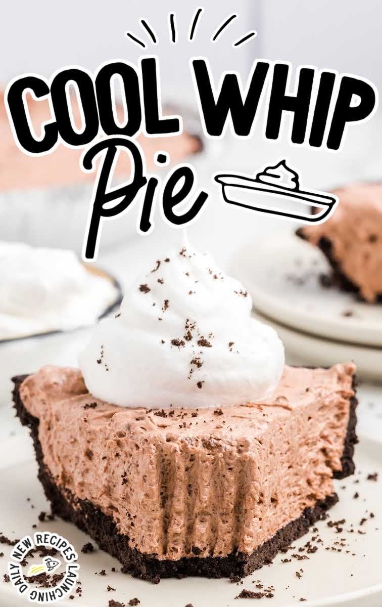 close up shot of a slice of Cool Whip Pie topped with whipped cream and sprinkled with chocolate on a plate