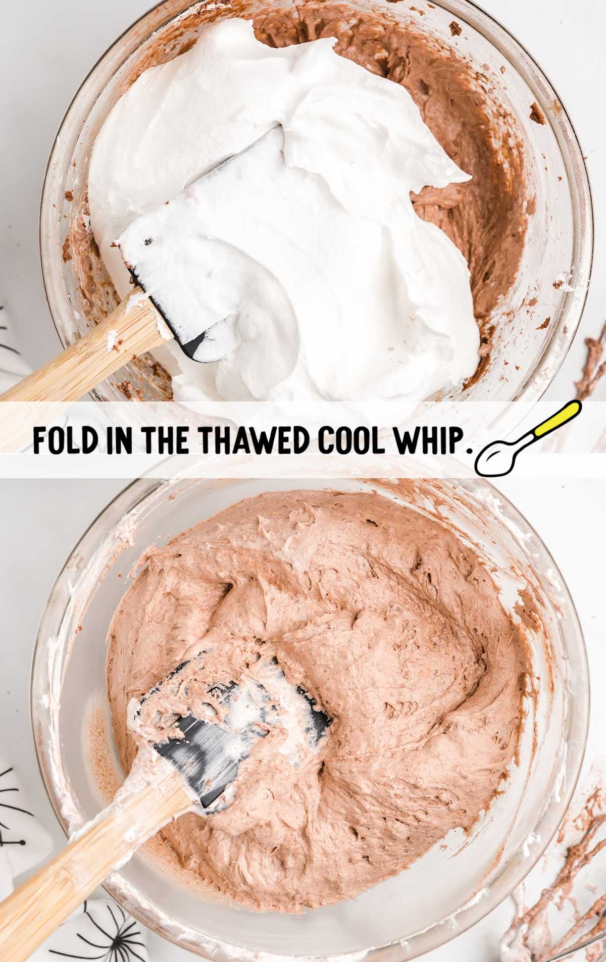 Side-by-side images of folding cool whip into the chocolate pudding mixture using a spatula.