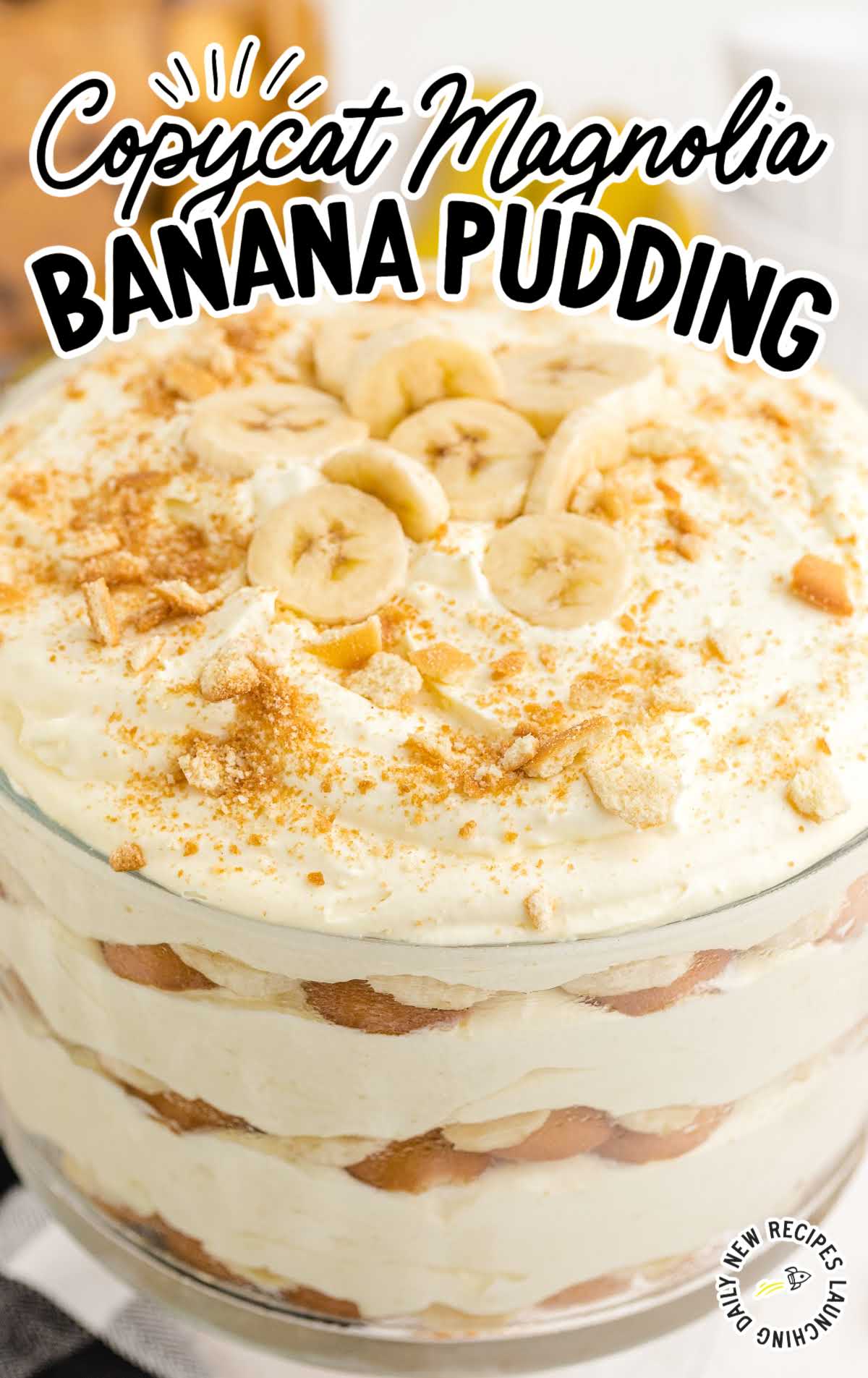 close up shot of a bowl of copycat magnolia banana pudding topped with banana slices and crushed vanilla wafers