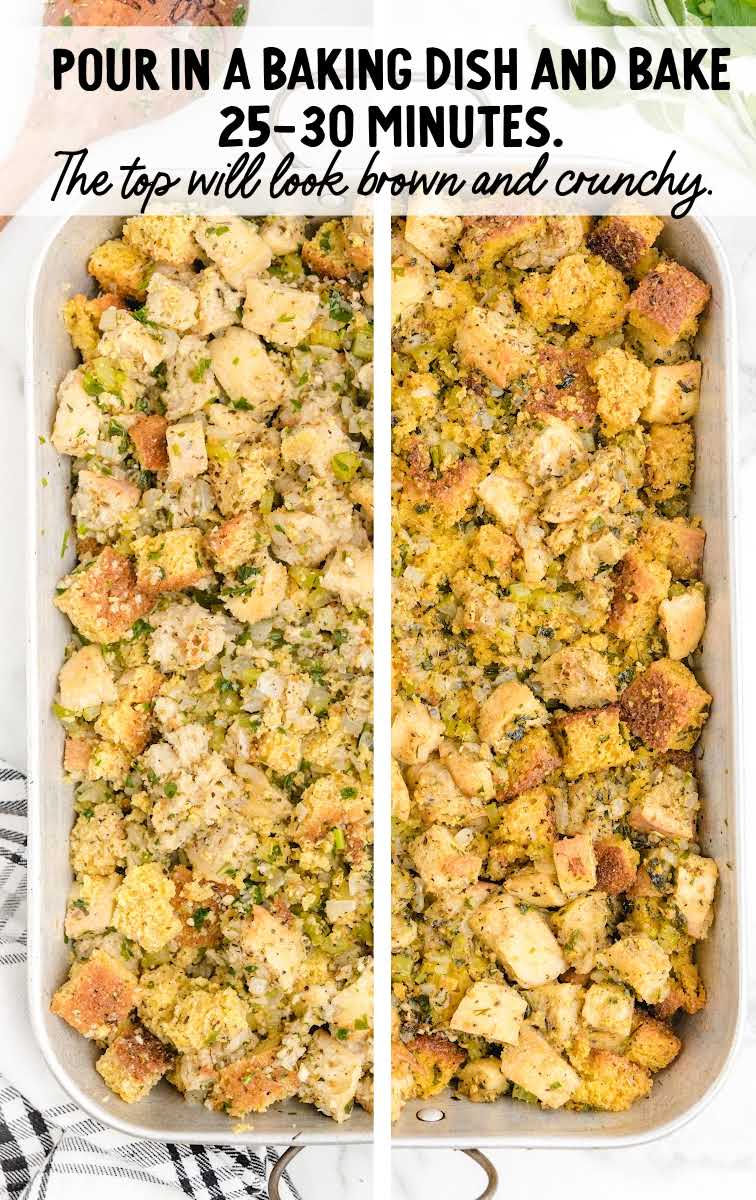 Cornbread Dressing process shot of before and after cornbread dressing is baked